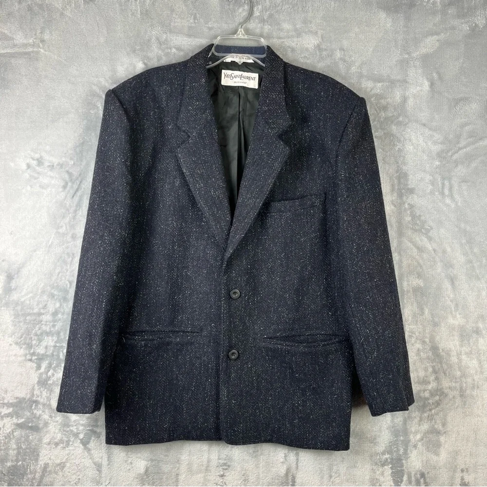 Yves Saint Laurent Dark Blue Tweed Blazer Men’s Sz 40 Wool Blend Lined Vintage